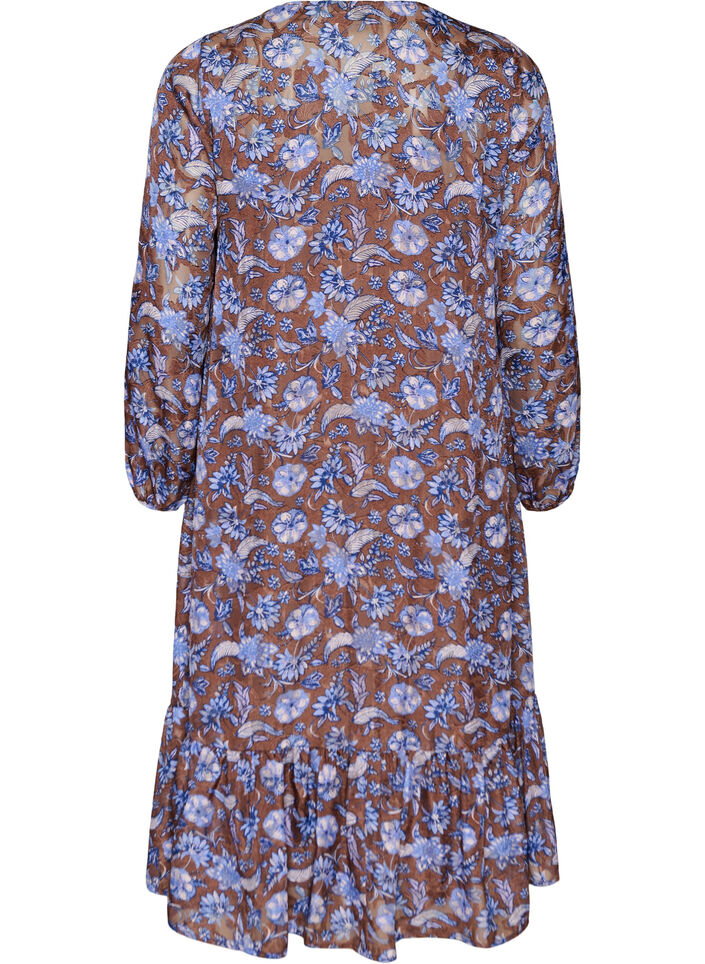Midi dress with floral print and ruffle hem, Brown, Packshot image number 1