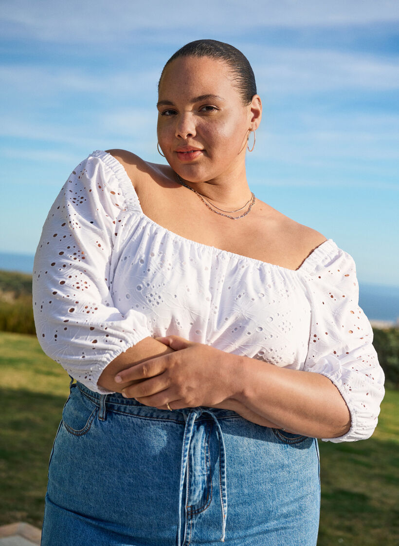 Blouse with short puff sleeves and an openwork pattern, White, Image image number 0