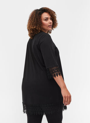 Cotton tunic with 3/4-length sleeves and lace details, Black, Model image number 1