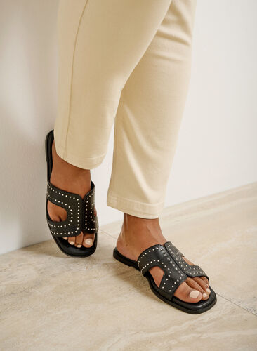 Flat slip-on wide fit sandals with studs, Black, Image image number 1