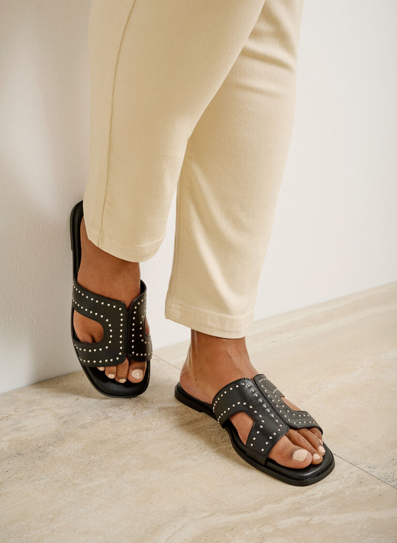 Flat slip-on wide fit sandals with studs, Black, Image