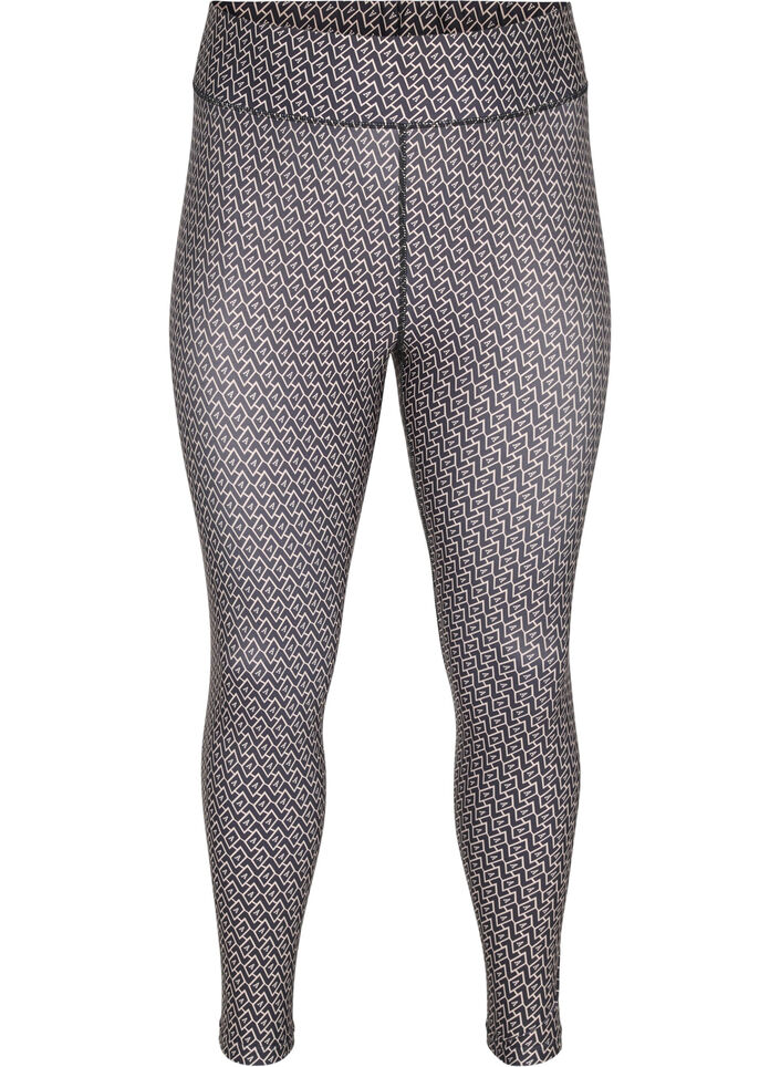 Printed sports tights with 7/8 length, Black w. Text Print, Packshot image number 0