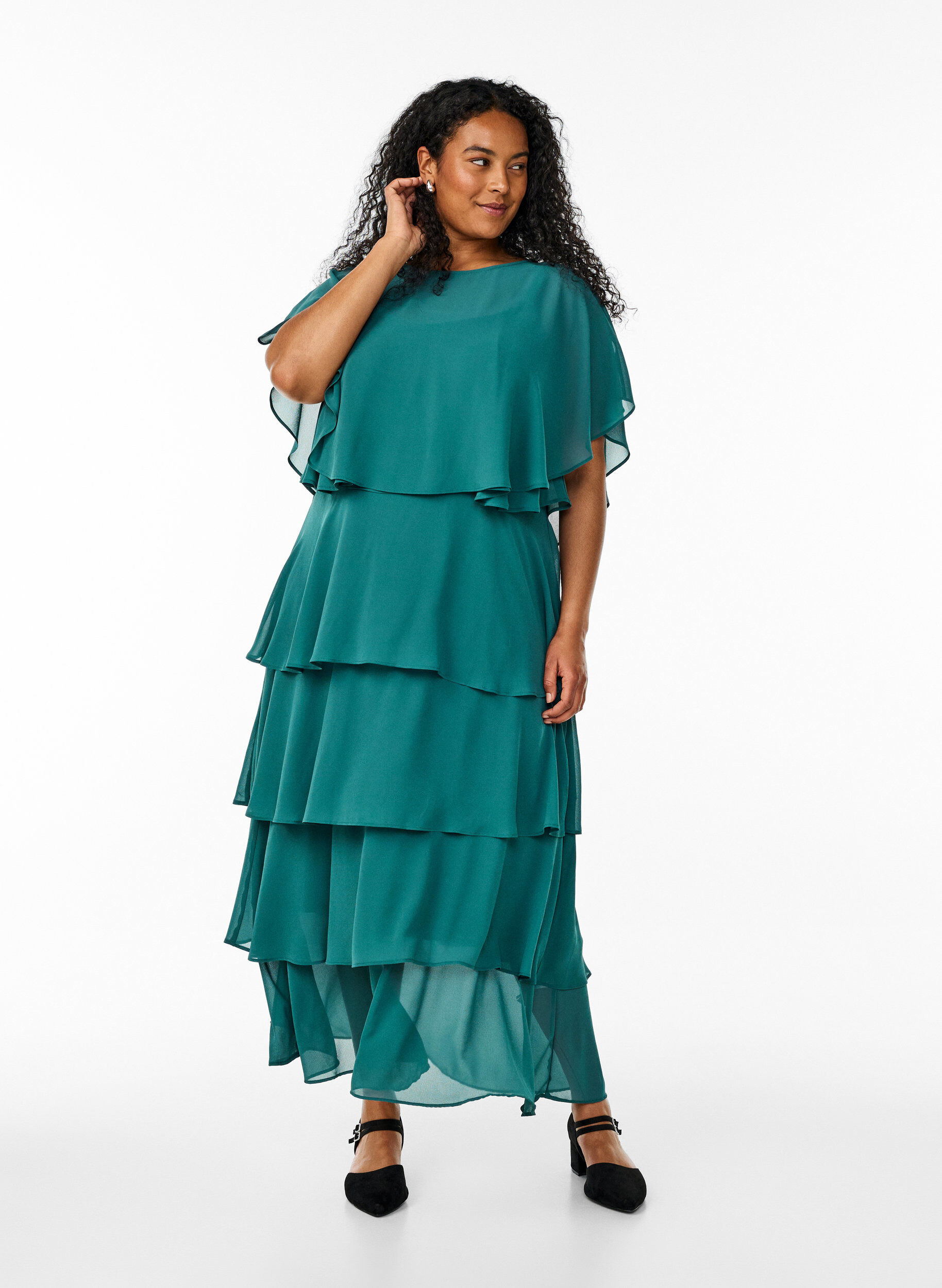 Zizzifashion Maxi dress with ruffle layers and detachable cape, Green, Model image number 4