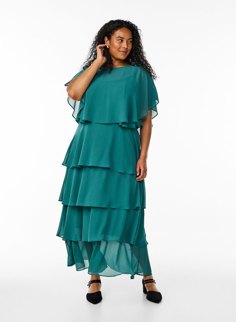 Maxi dress with ruffle layers and detachable cape, Green, Model image number 4