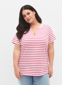 Cotton t-shirt with stripes and v-neck, B.White/F.P. Stripes, Model