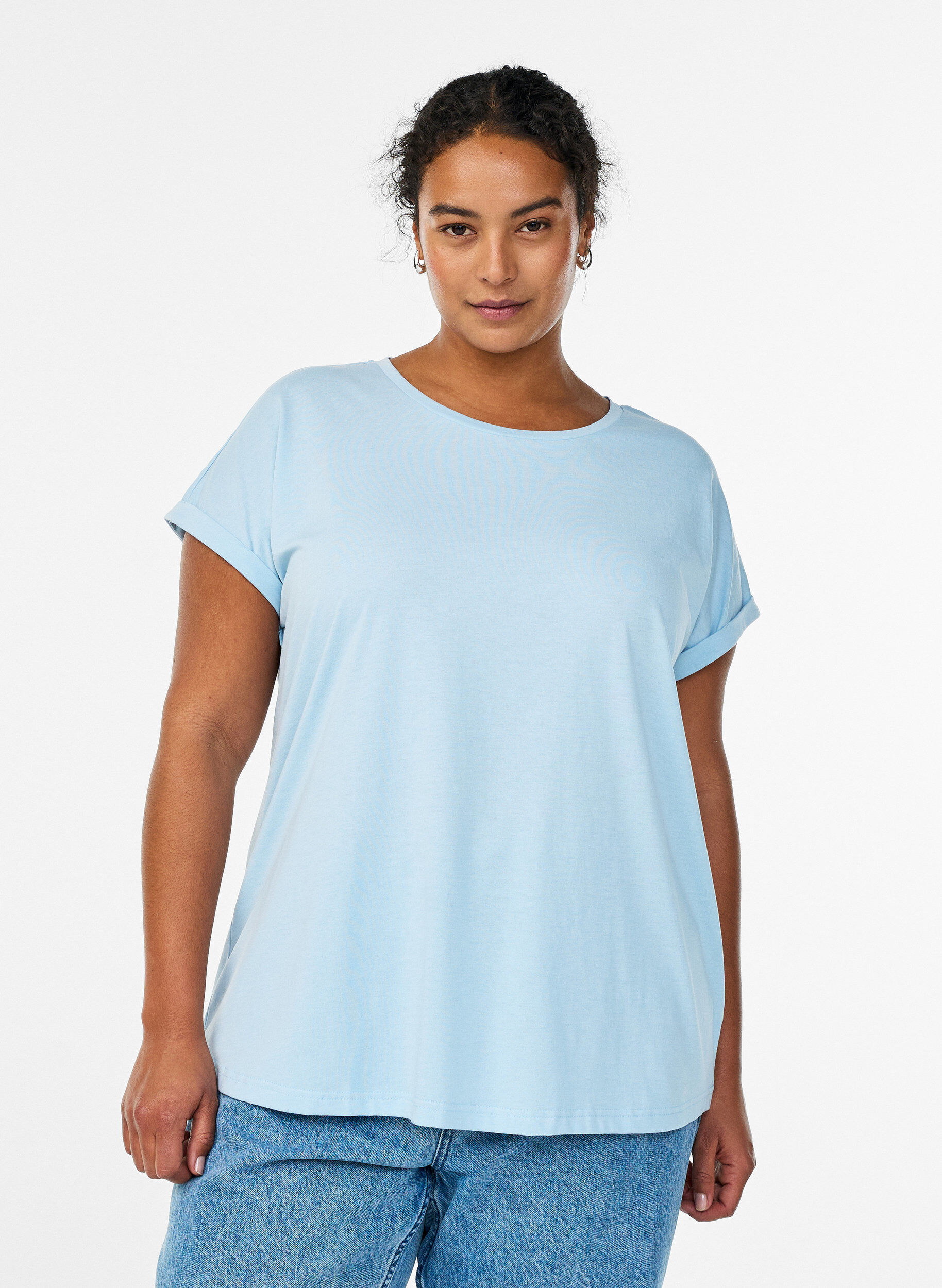 Short-sleeved cotton blend t-shirt, Light Blue, Model
