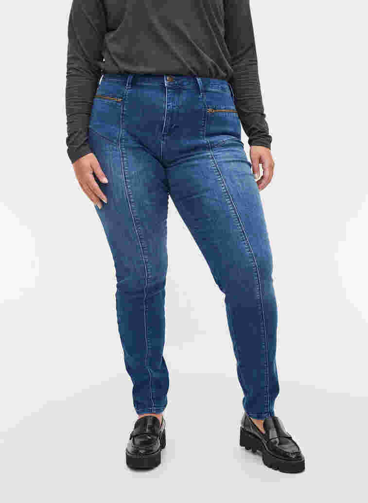 High rise, dual core Amy jeans, Blue denim, Model image number 2