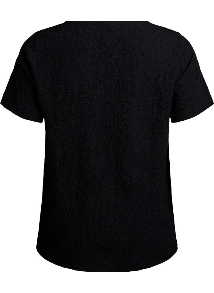 FLASH - Short-sleeved blouse with texture, Black, Packshot image number 1
