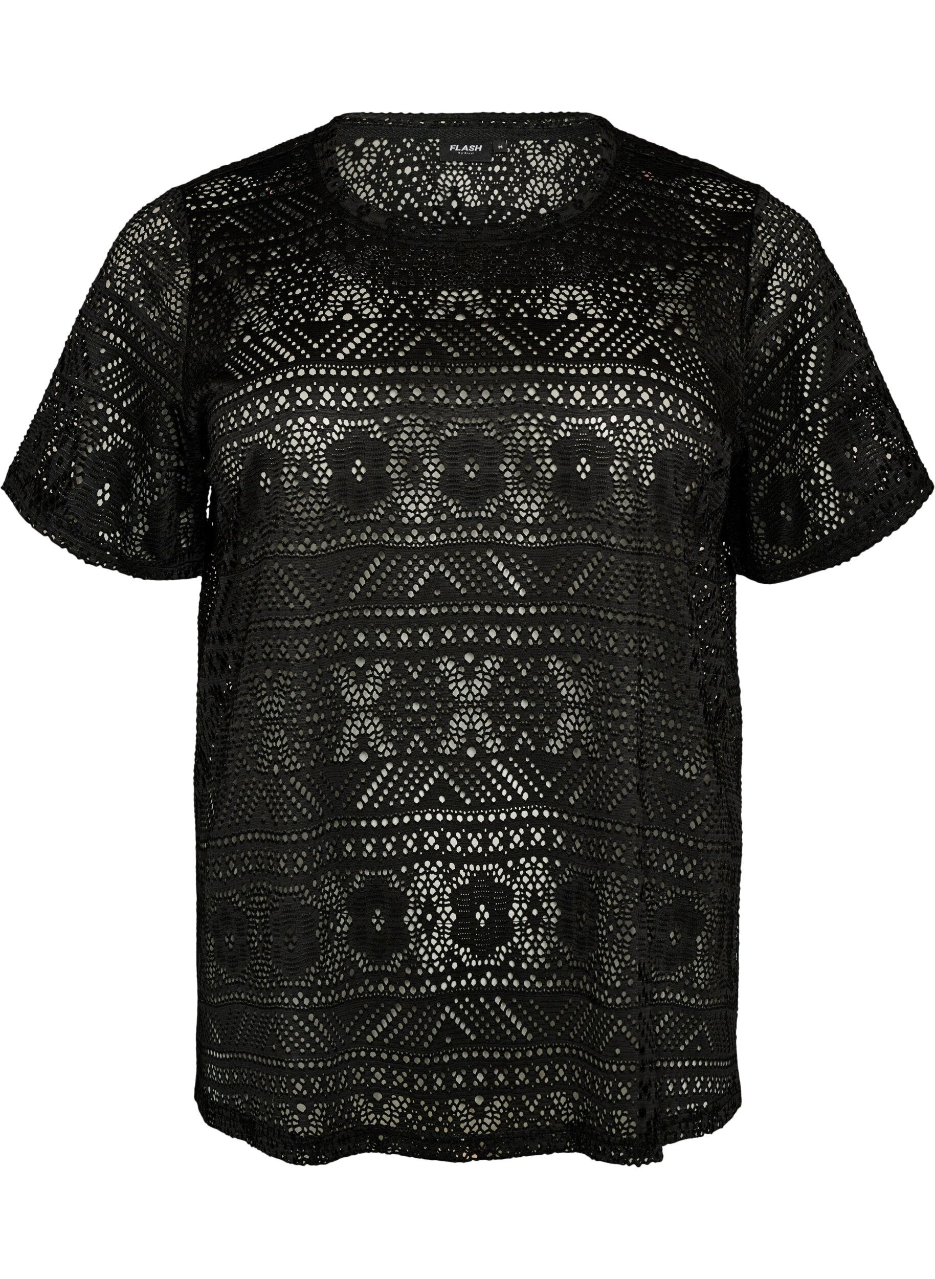 ZizzifashionEyelet embroidered lace T-shirt, Black, Packshot image number 0