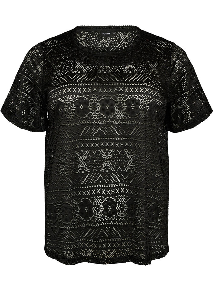 Eyelet embroidered lace T-shirt, Black, Packshot image number 0