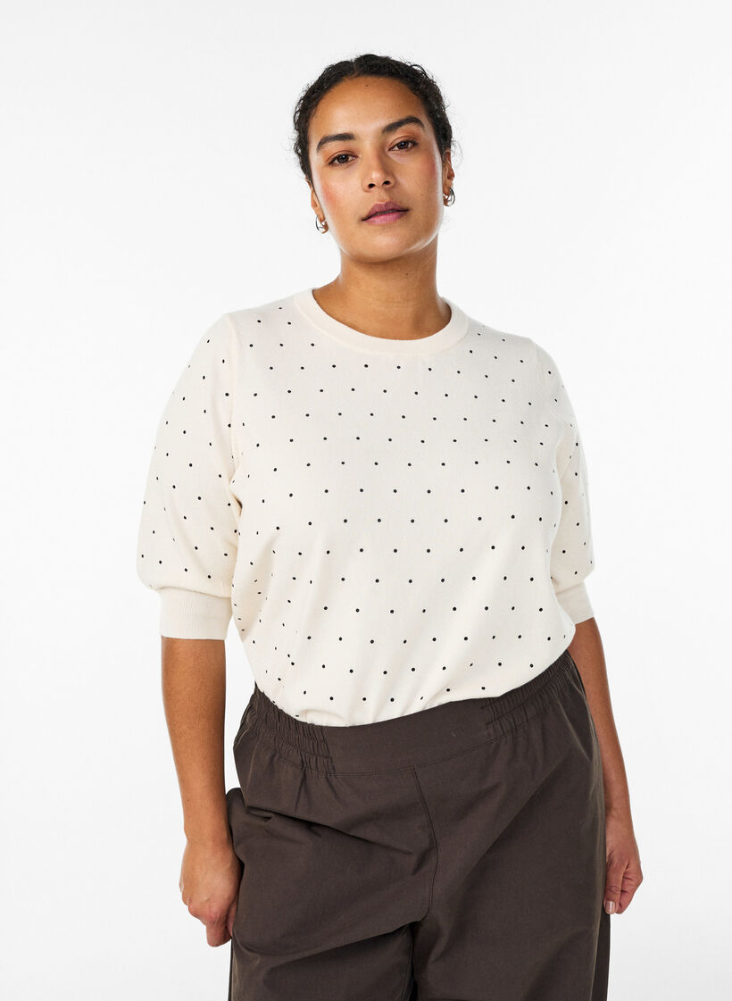 Knitted top with polka dot pattern and short sleeves, White, Model image number 0