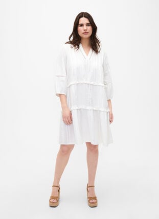 3/4 sleeve cotton dress with ruffles, Bright White, Model image number 2