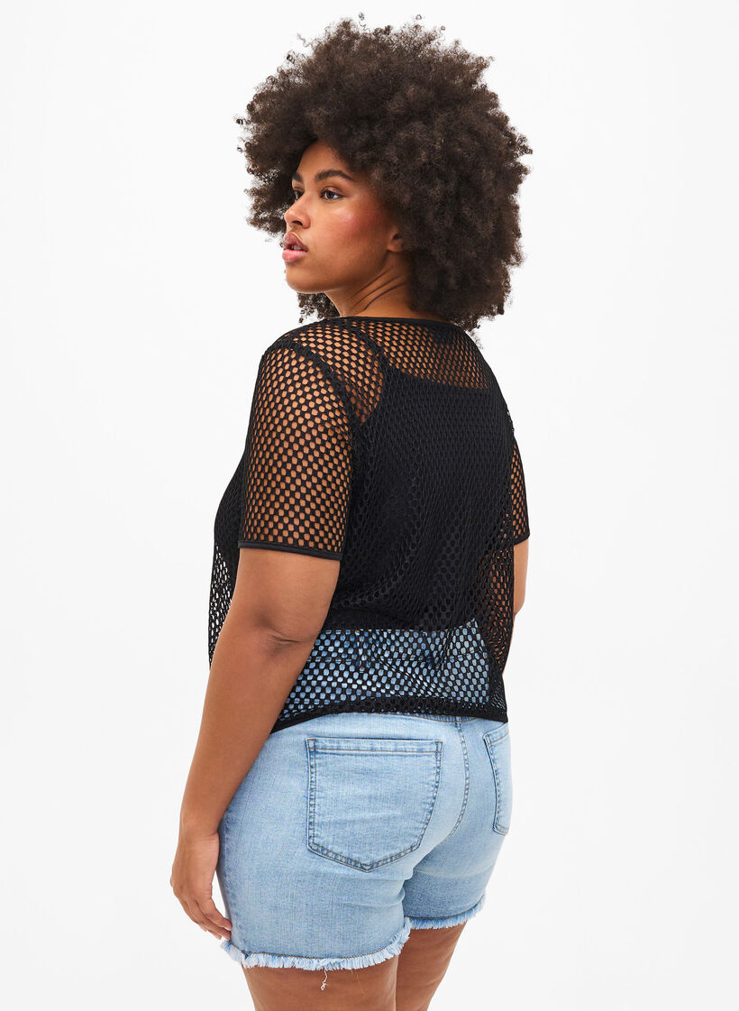 Mesh blouse with short sleeves, Black, Model image number 1