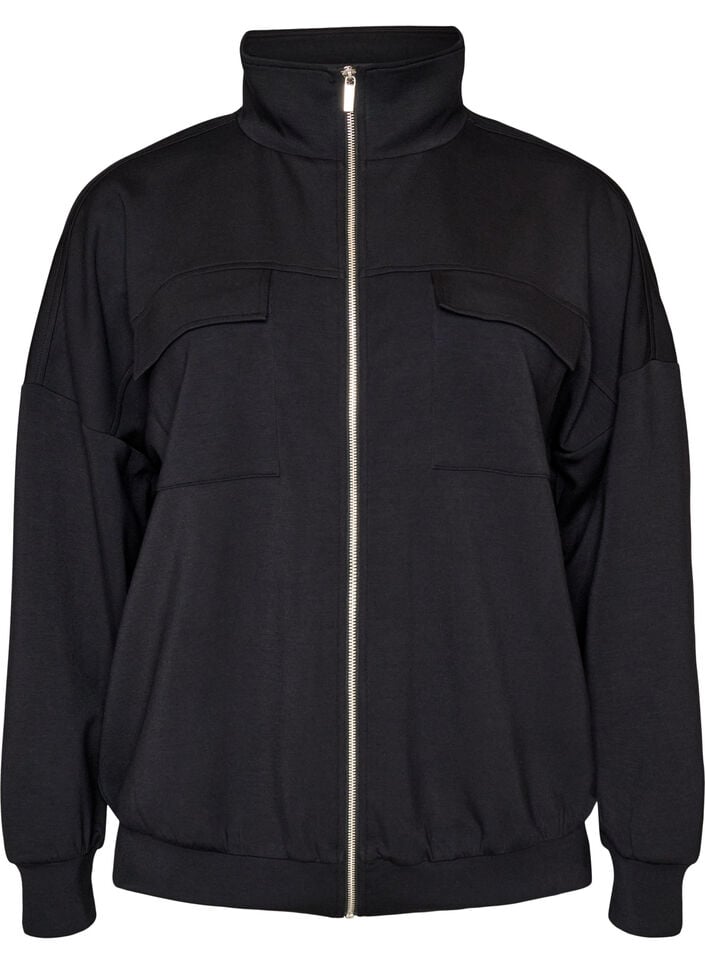 Jersey cardigan with zipper and high collar, Black, Packshot image number 0