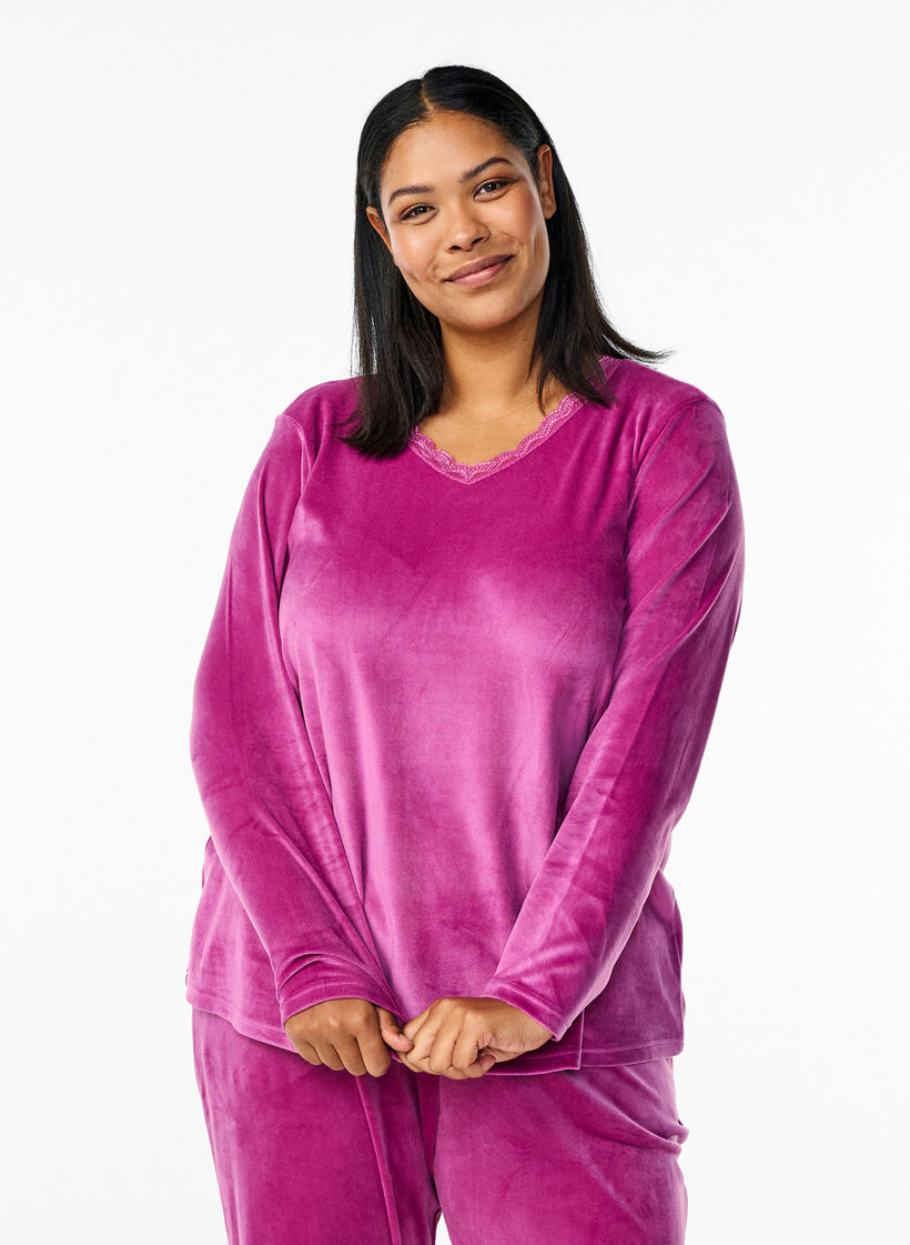 Velour blouse with v-neck, Boysenberry, Model image number 0