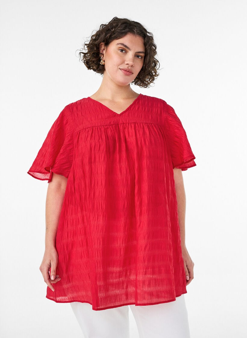 Tunic in lyocell with flutter sleeves, Red, Model image number 0