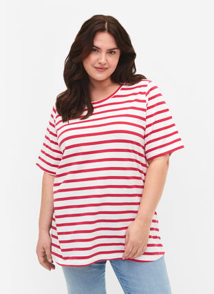 Striped T-shirt in organic cotton, Bright Rose Stripes, Model image number 0