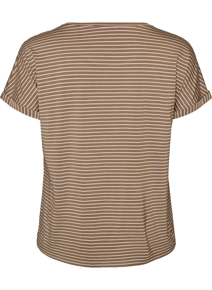 Striped T-shirt in viscose with a round neck, Beige, Packshot image number 1