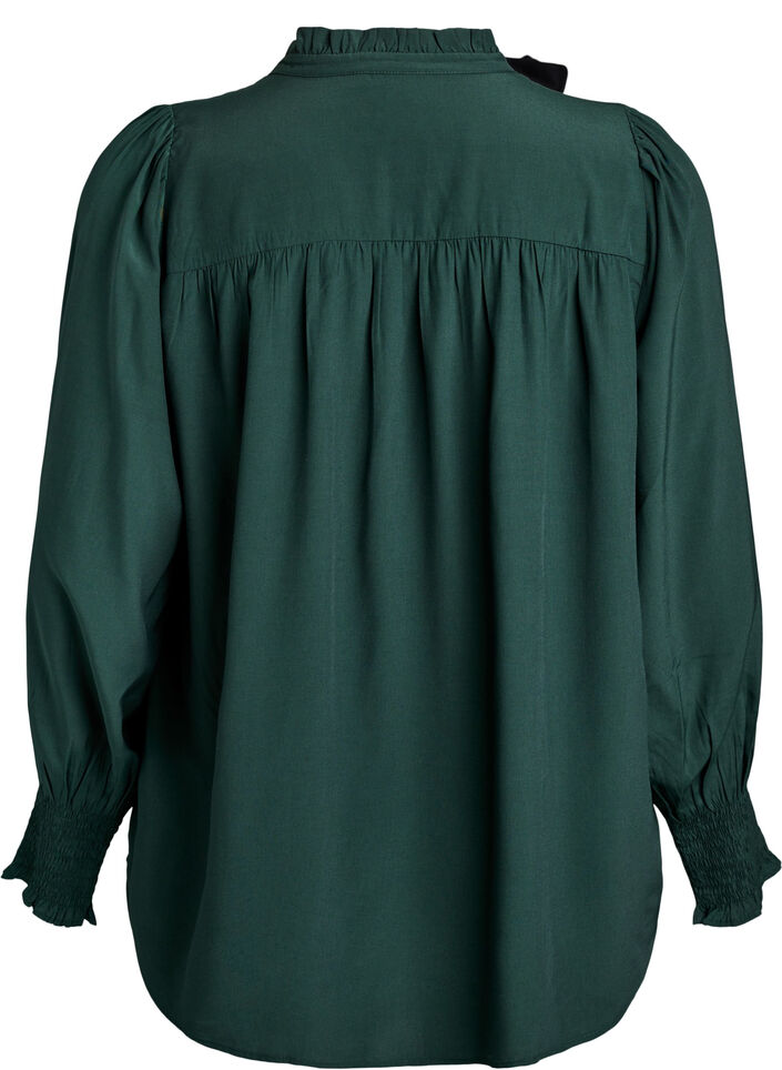 Blouse with ruffle collar and ruching, Green, Packshot image number 1