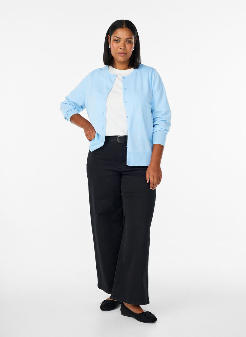 Fine-knit cardigan with round neck, Light Blue, Model image number 1
