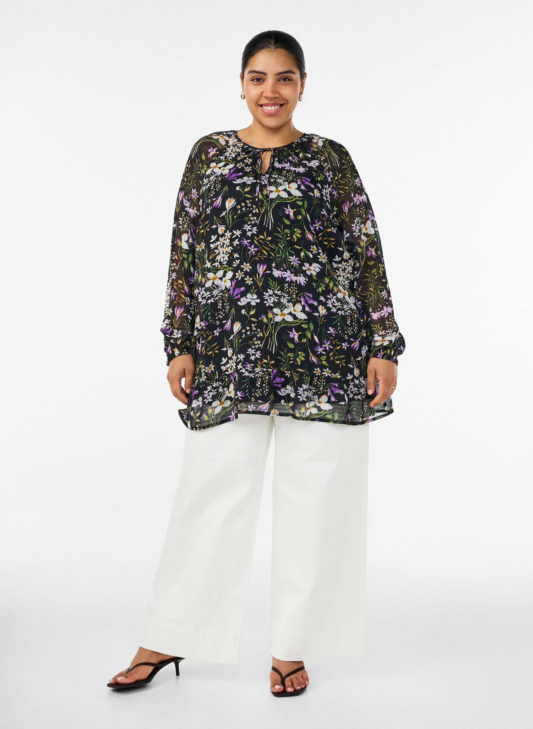 ZizzifashionFloral print A-line tunic, Black, Model image number 1