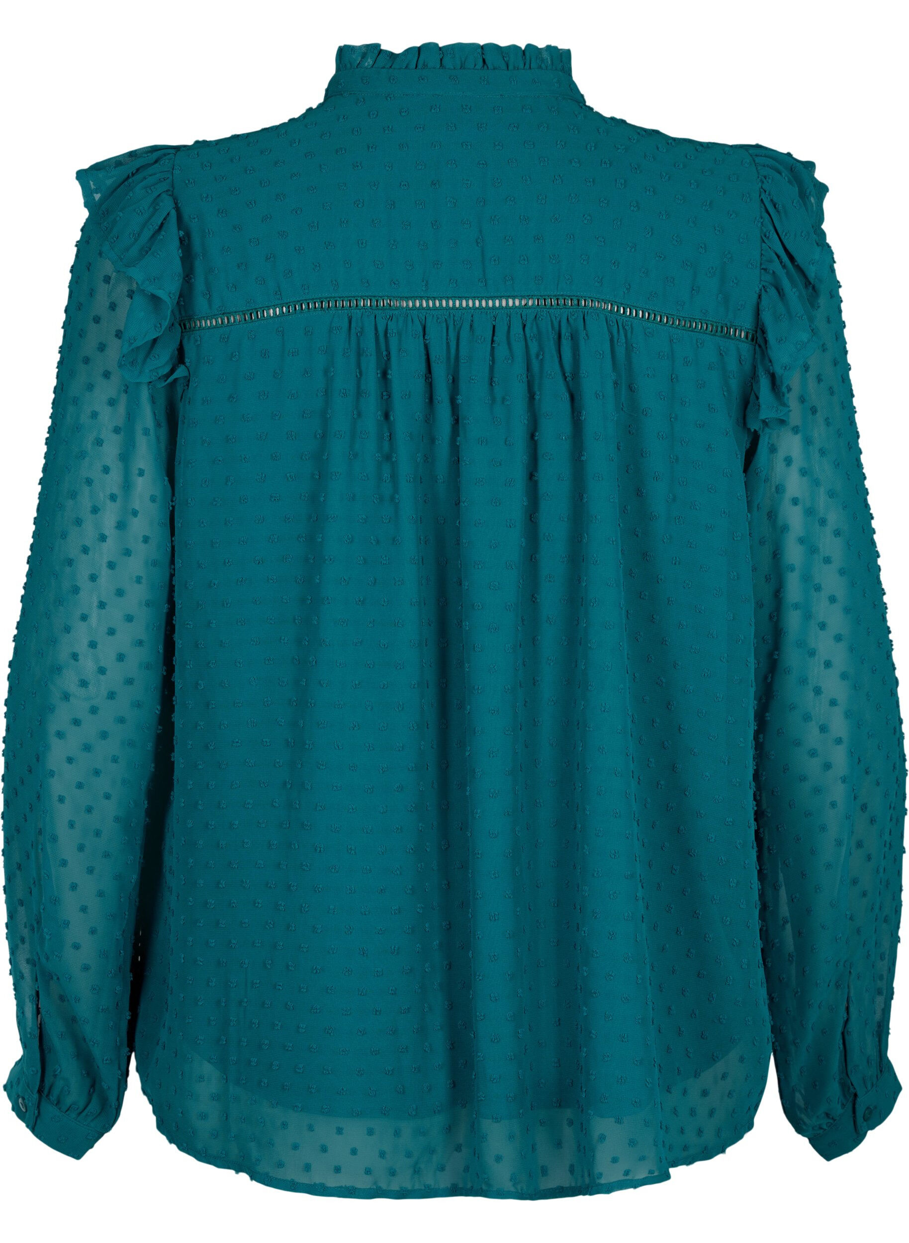 Zizzifashion Shirt blouse with ruffles and dotted texture, Shaded Spruce, Packshot image number 1