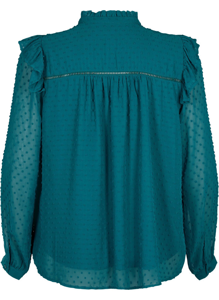 Shirt blouse with ruffles and dotted texture, Shaded Spruce, Packshot image number 1