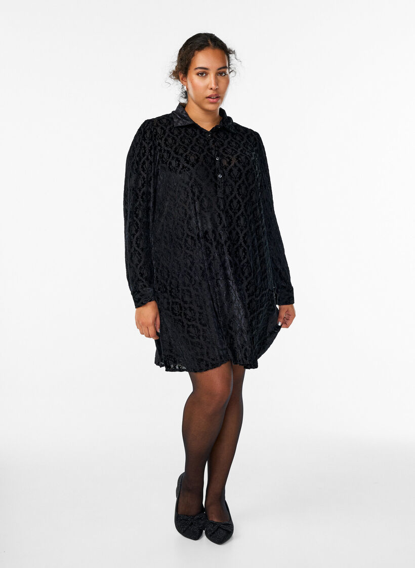 Short dress with a velour pattern, Black, Model image number 1