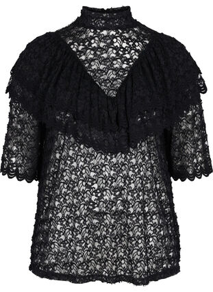 Lace top with ruffles and 2/4 sleeves, Black, Packshot image number 0