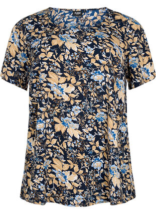 FLASH - Blouse with short sleeves and print, Brown Blue Flower, Packshot image number 0