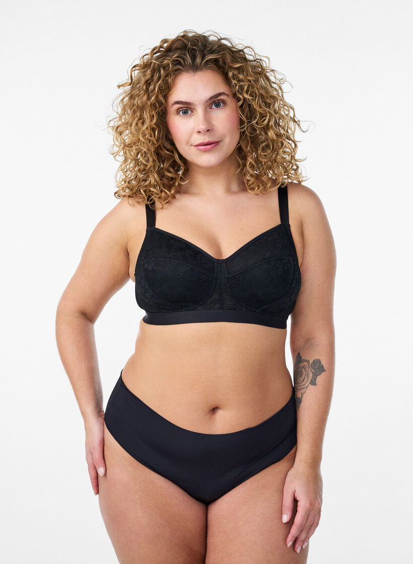 Wire-free bra with lace, Black, Model image number 1