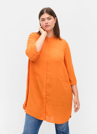 Long viscose shirt with 3/4 sleeves, Orange Peel, Model image number 0