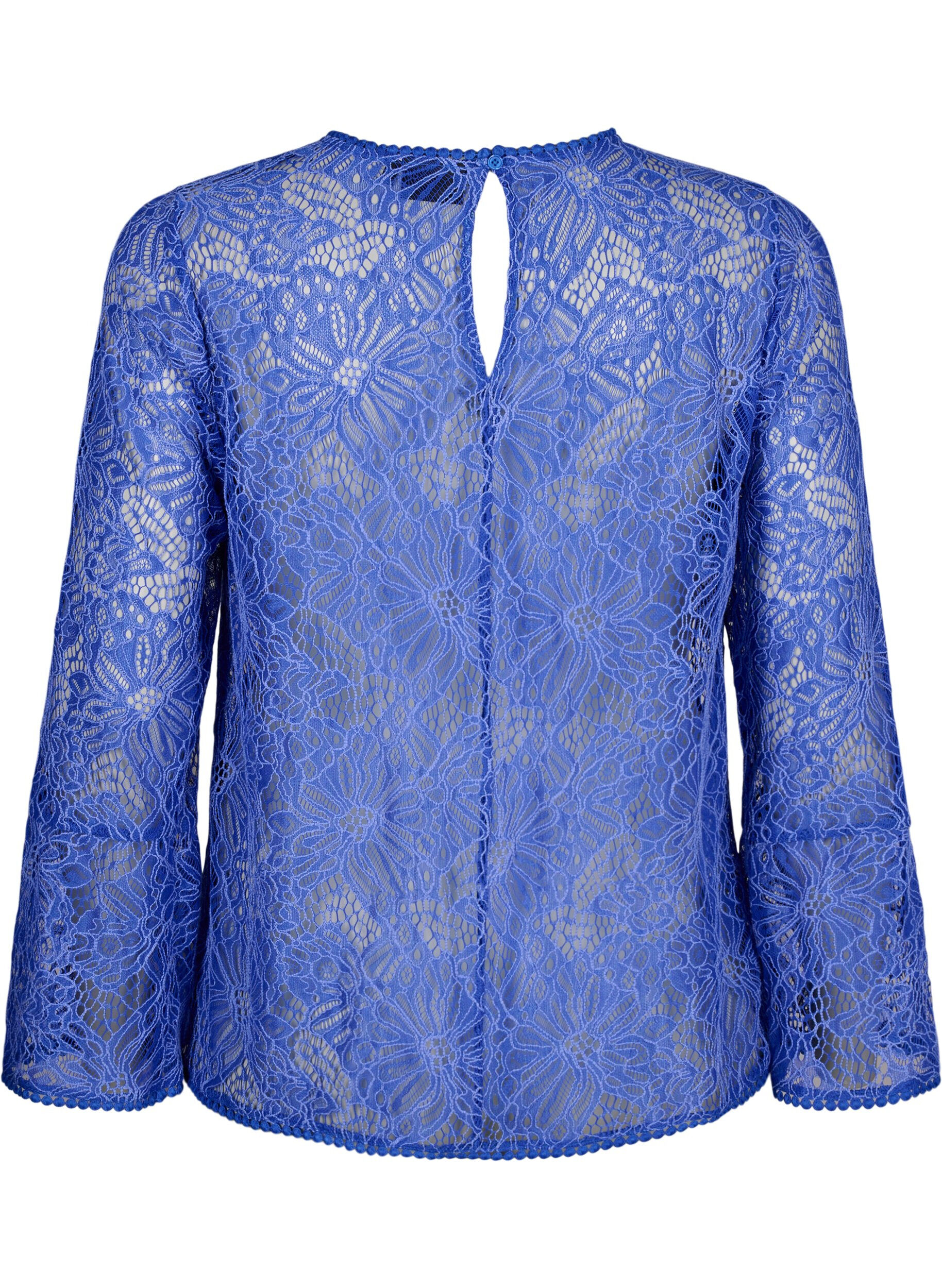 Zizzifashion Lace blouse with round neck and long sleeves, Blue, Packshot image number 1