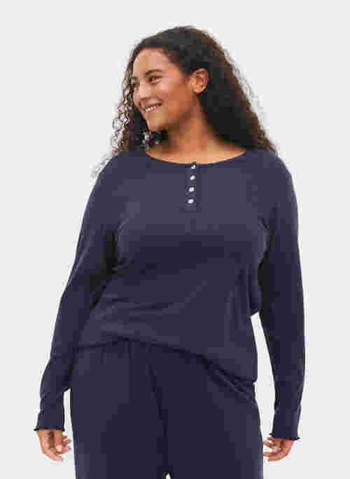 Long-sleeved pyjama top in 100% cotton, Navy Blazer, Model