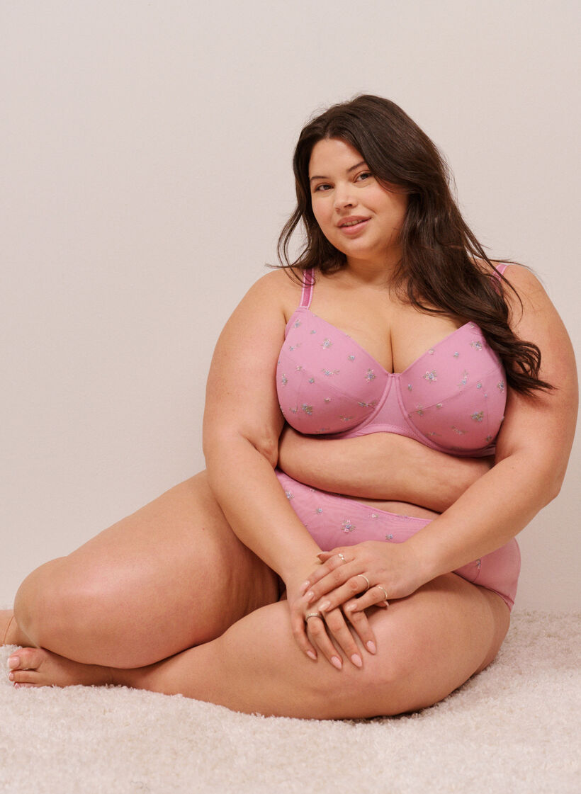 Padded bra with mesh and floral embroidery, Red, Image image number 0