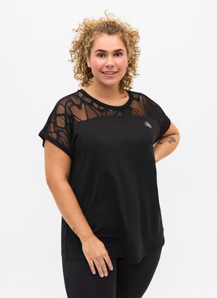 Short-sleeved sports t-shirt with patterned mesh, Black, Model image number 0