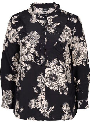 Floral viscose shirt with ruffles, Black White AOP, Packshot image number 0