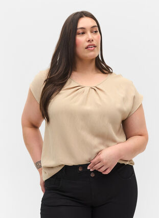 Short-sleeved viscose blouse with round neck, Oxford Tan, Model image number 0