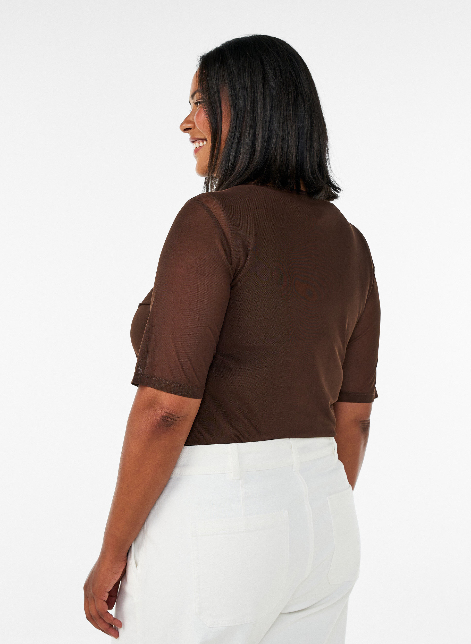 ZizzifashionMesh top with short sleeves and round neck, Brown, Model image number 2