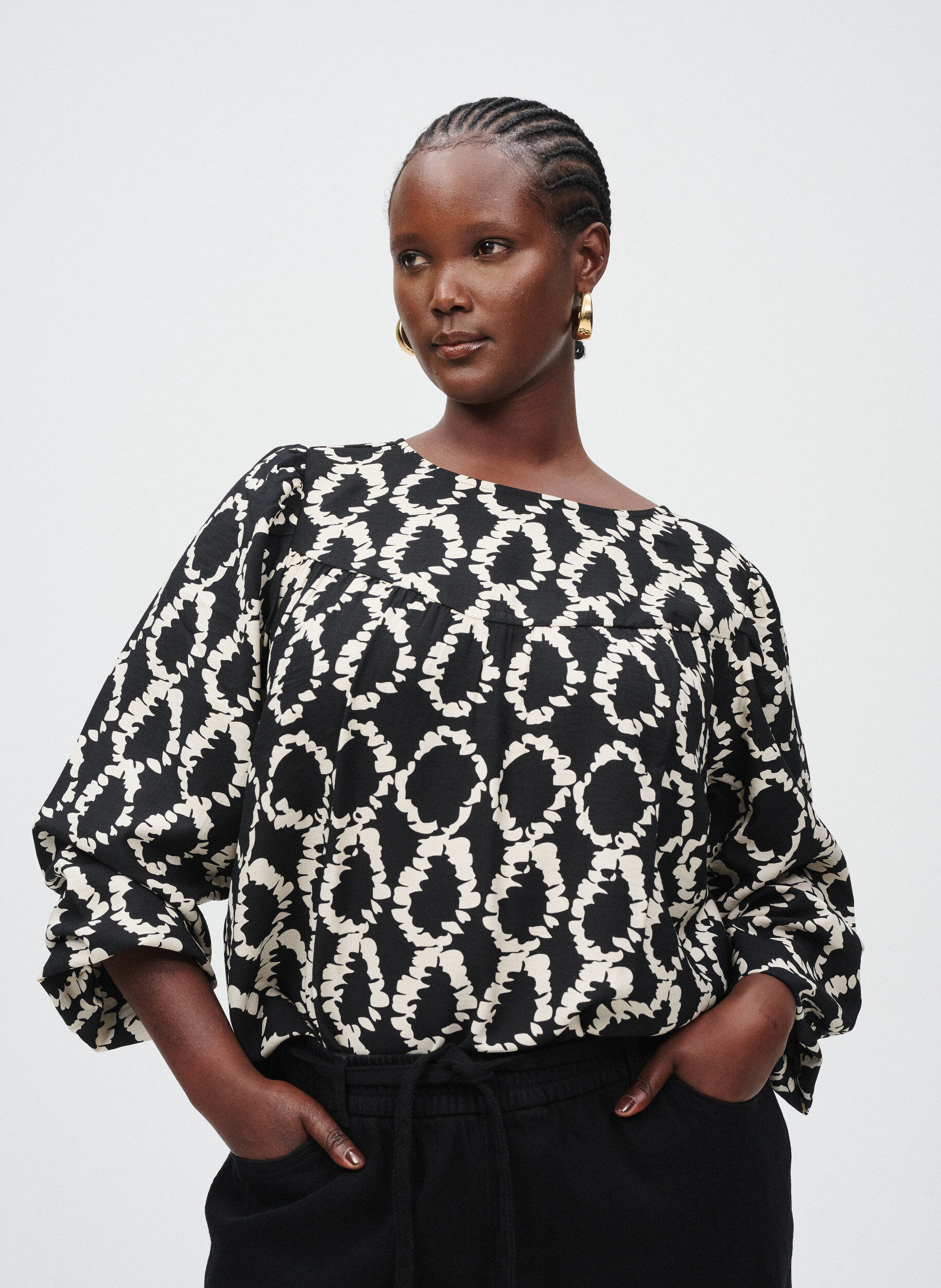 Zizzifashion Long-sleeved blouse with print and bows, Black, Image image number 0