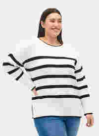 Striped knitted jumper with slit, Cloud Dancer w Black, Model