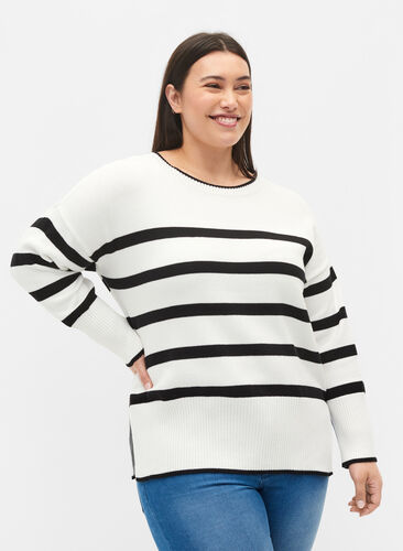 Striped knitted jumper with slit, Cloud Dancer w Black, Model image number 0