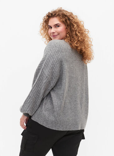 Ribbed knitted cardigan with buttons, Medium Grey Melange, Model image number 1