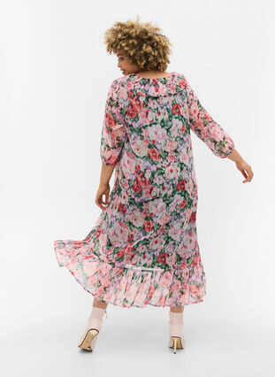 Floral printed midi dress with 3/4 sleeves and frills, Flower AOP, Model image number 1