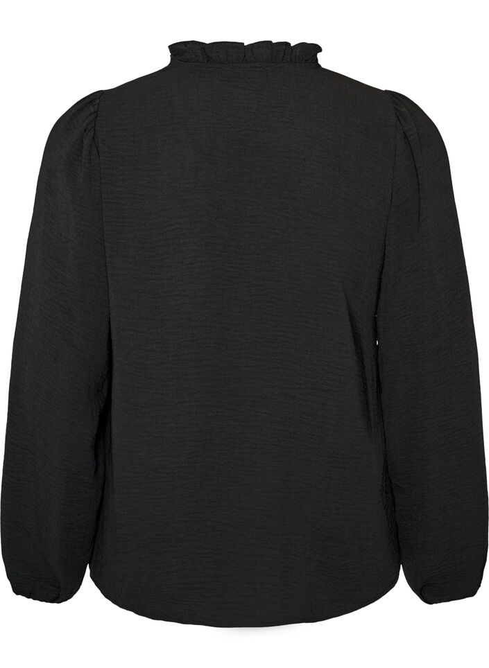 Blouse with V-neck and crochet band, Black, Packshot image number 1
