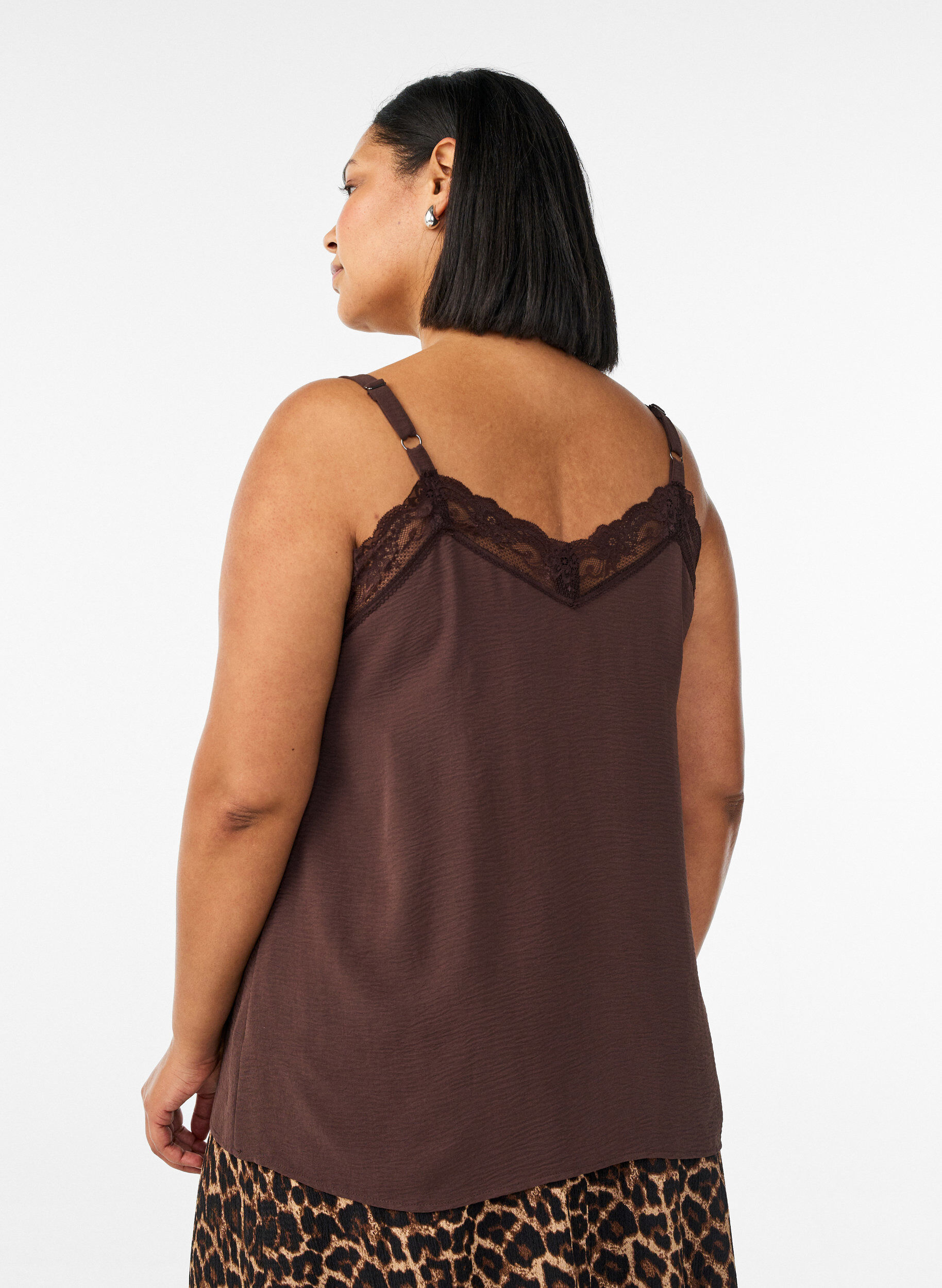 Zizzifashion Cami top with a V-neck and lace trim, Brown, Model image number 2