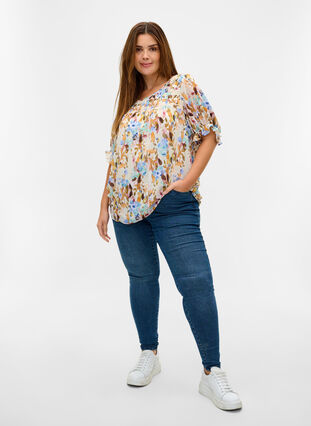 Short-sleeved floral blouse with smock, Humus Flower AOP, Model image number 3