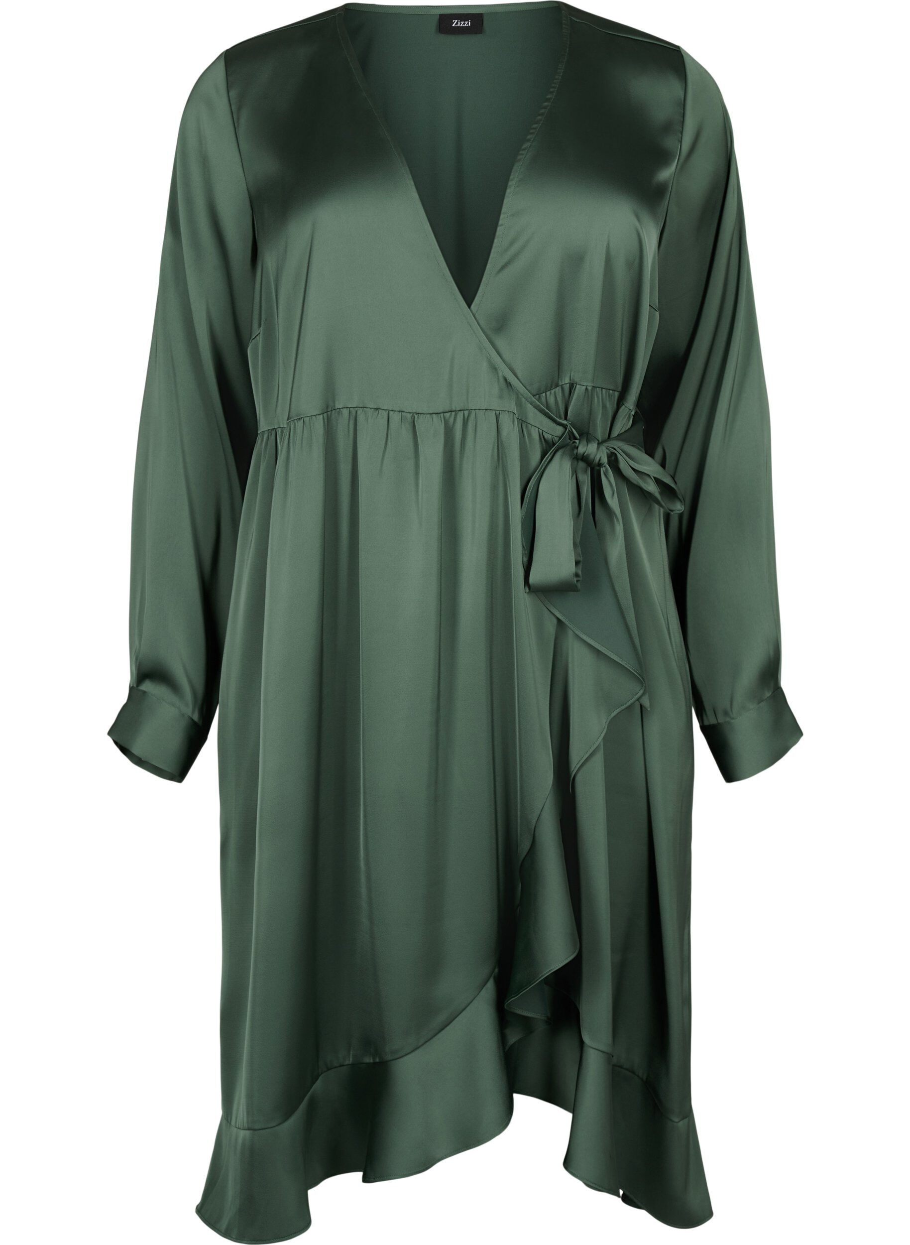 Zizzifashion Long sleeve satin wrap dress, Duck Green, Packshot image number 0