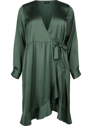 Long sleeve satin wrap dress, Duck Green, Packshot image number 0