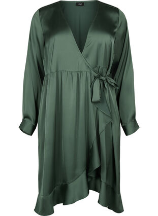 Long sleeve satin wrap dress - Green - Sz. 40-64 - Zizzifashion Long sleeve satin wrap dress - Green - Sz. 40-64 - Zizzifashion